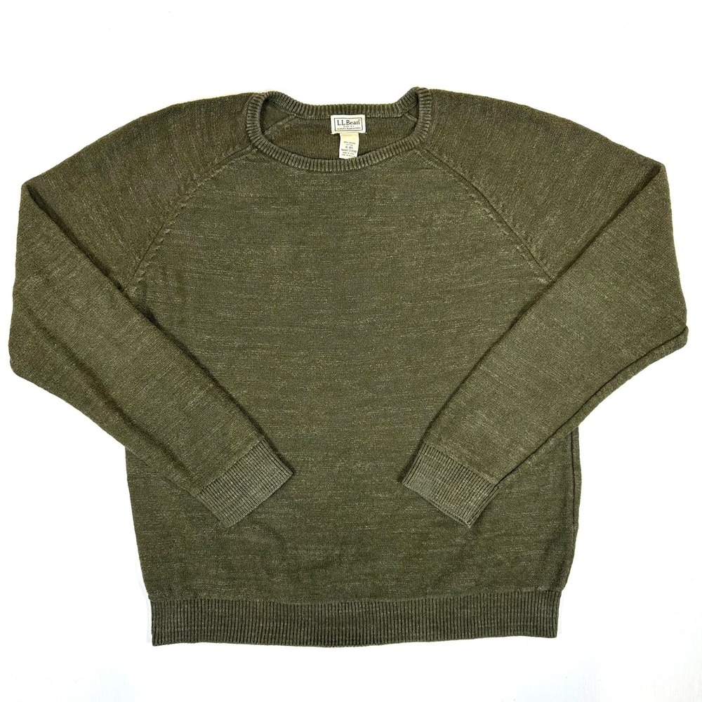 LL Bean Mens XL Organic Cotton Crewneck Sweater Olive Green Raglan 510586